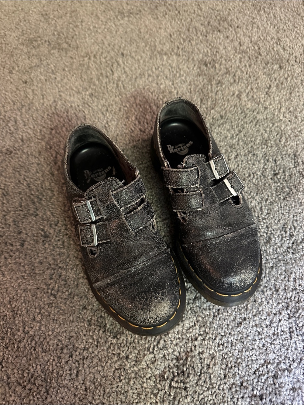 Dr. Martens Black Distressed Leather Double Buckle Shoes